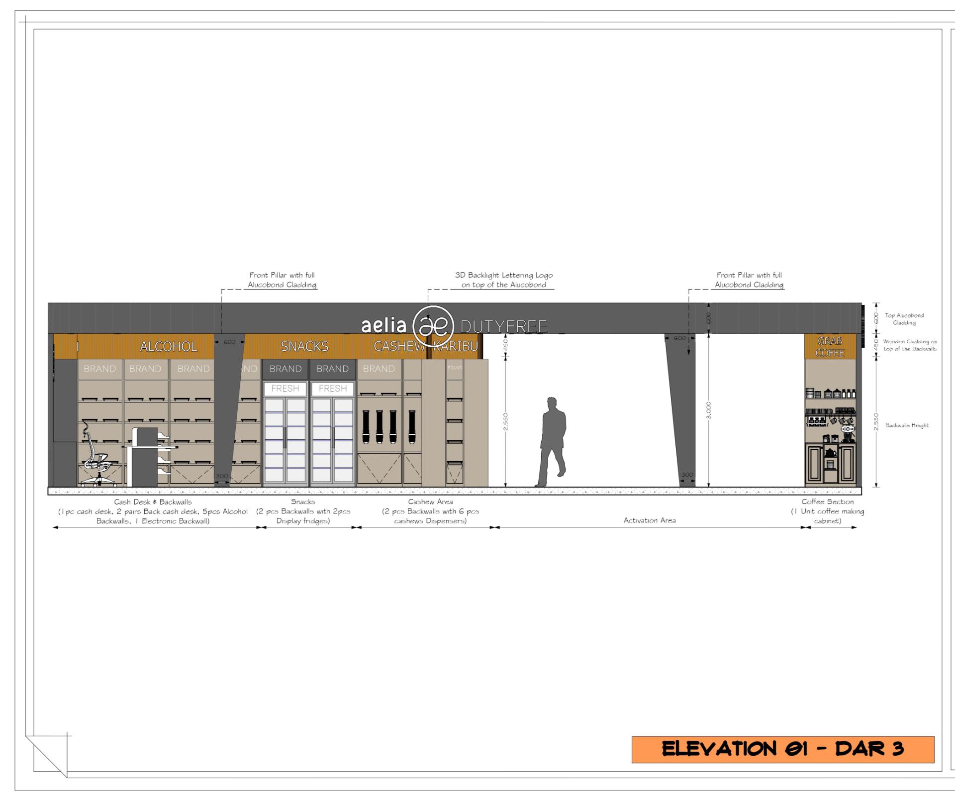 Dar 3 Duty Free — Elevation 01 interior design drawing sheet — plans and elevations for Aelia Duty Free — Dar es Salaam