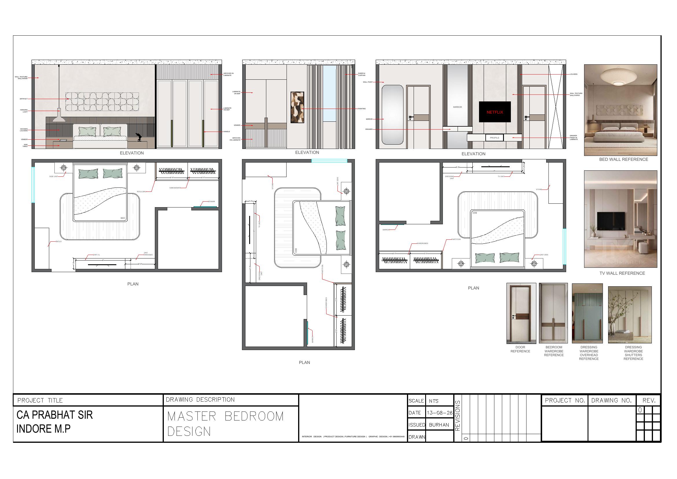 Master Bedroom interior design drawing sheet — plans and elevations for CA Prabhat Sir — Indore, M.P.
