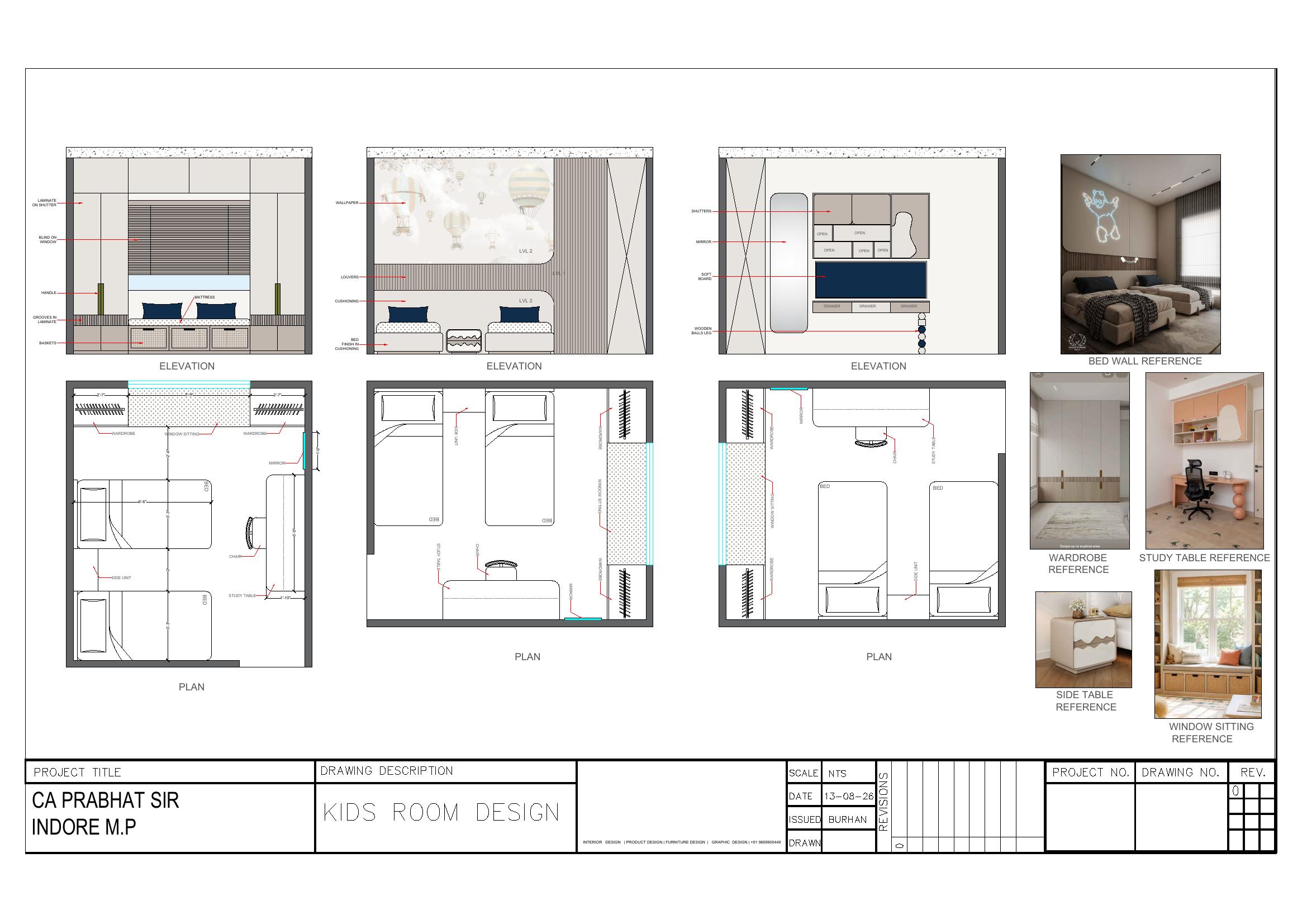 Kids Bedroom interior design drawing sheet — plans and elevations for CA Prabhat Sir — Indore, M.P.