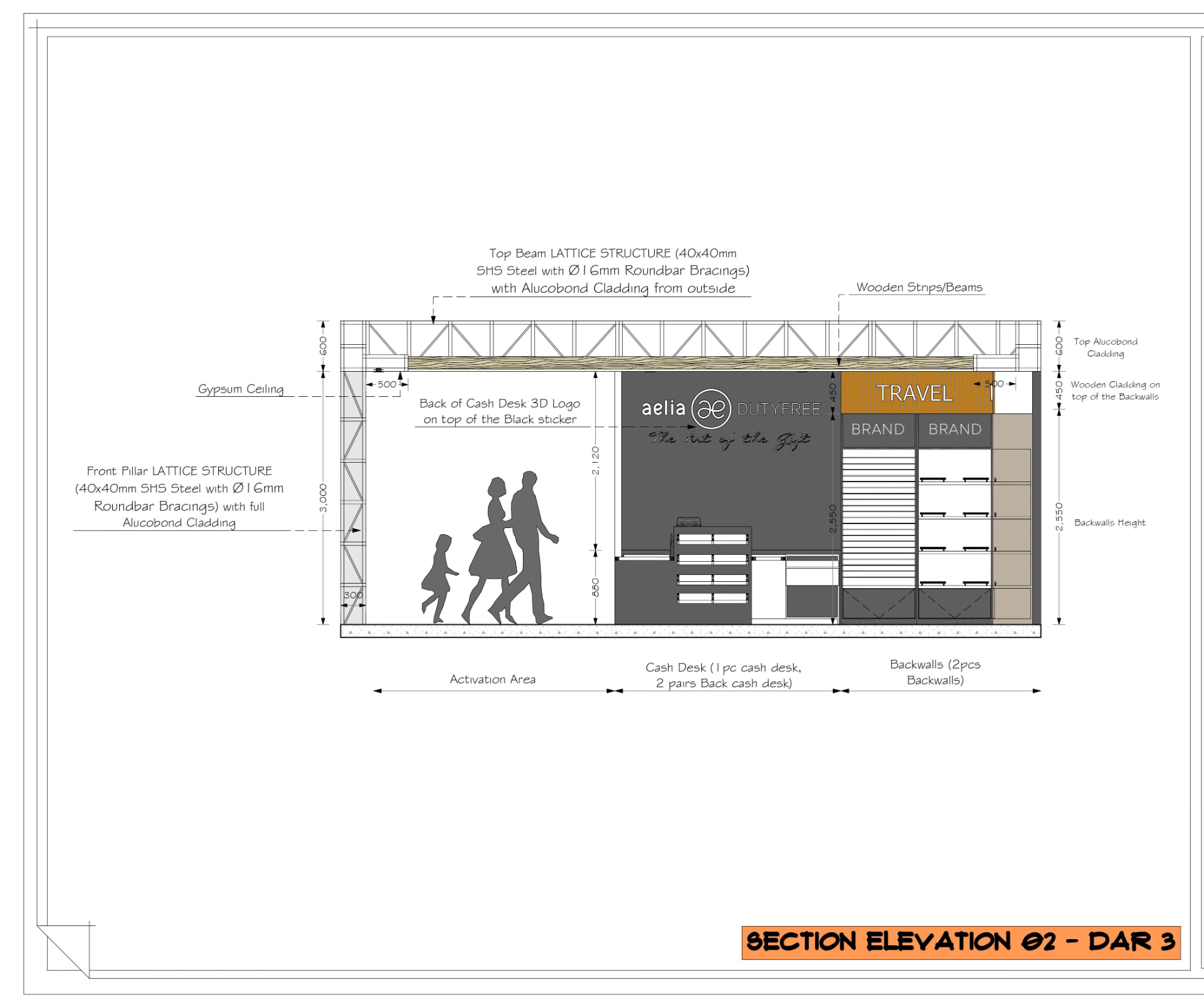 Dar 3 Duty Free — Section Elevation 02 interior design drawing sheet — plans and elevations for Aelia Duty Free — Dar es Salaam