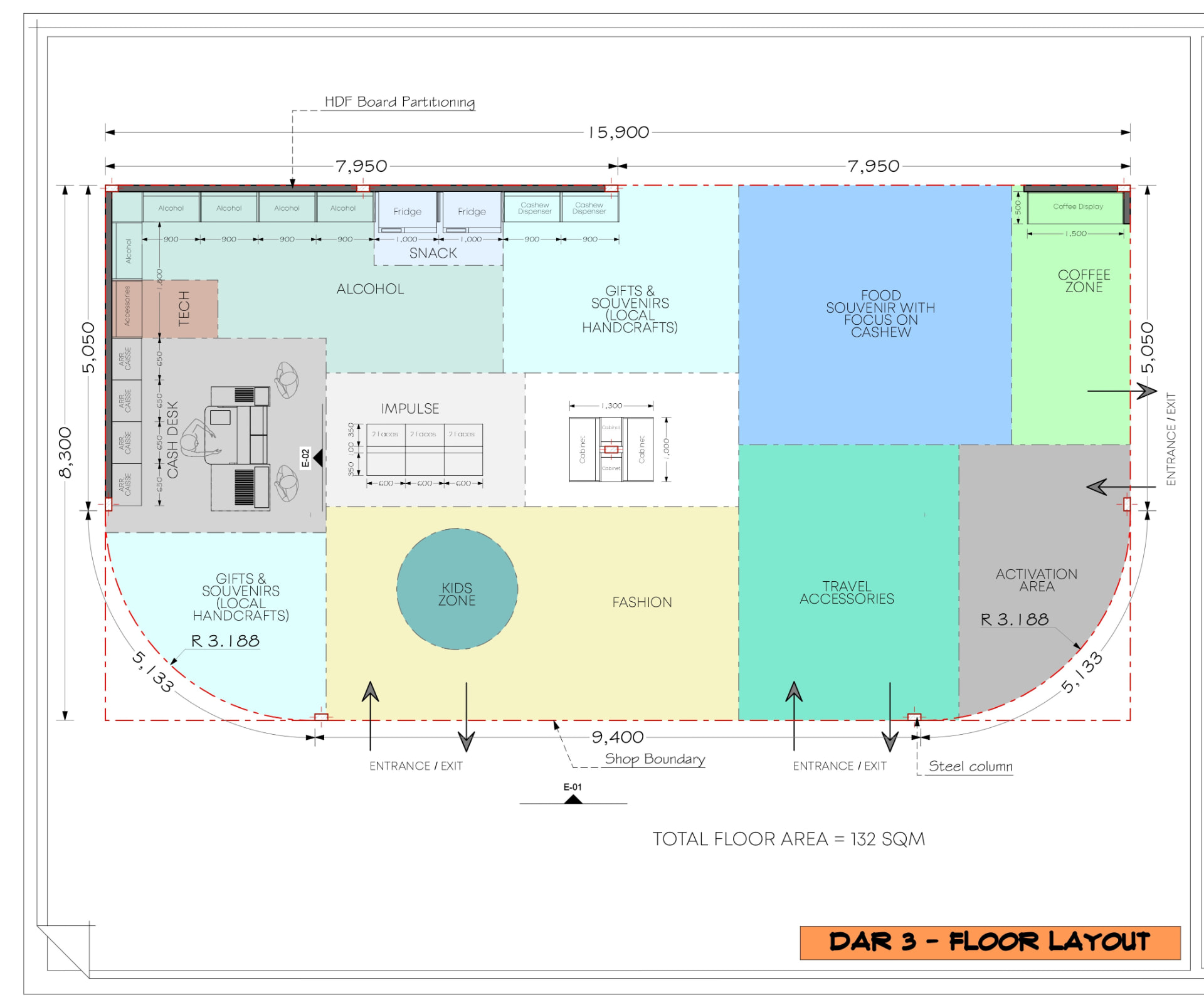 Dar 3 Duty Free — Floor Layout interior design drawing sheet — plans and elevations for Aelia Duty Free — Dar es Salaam