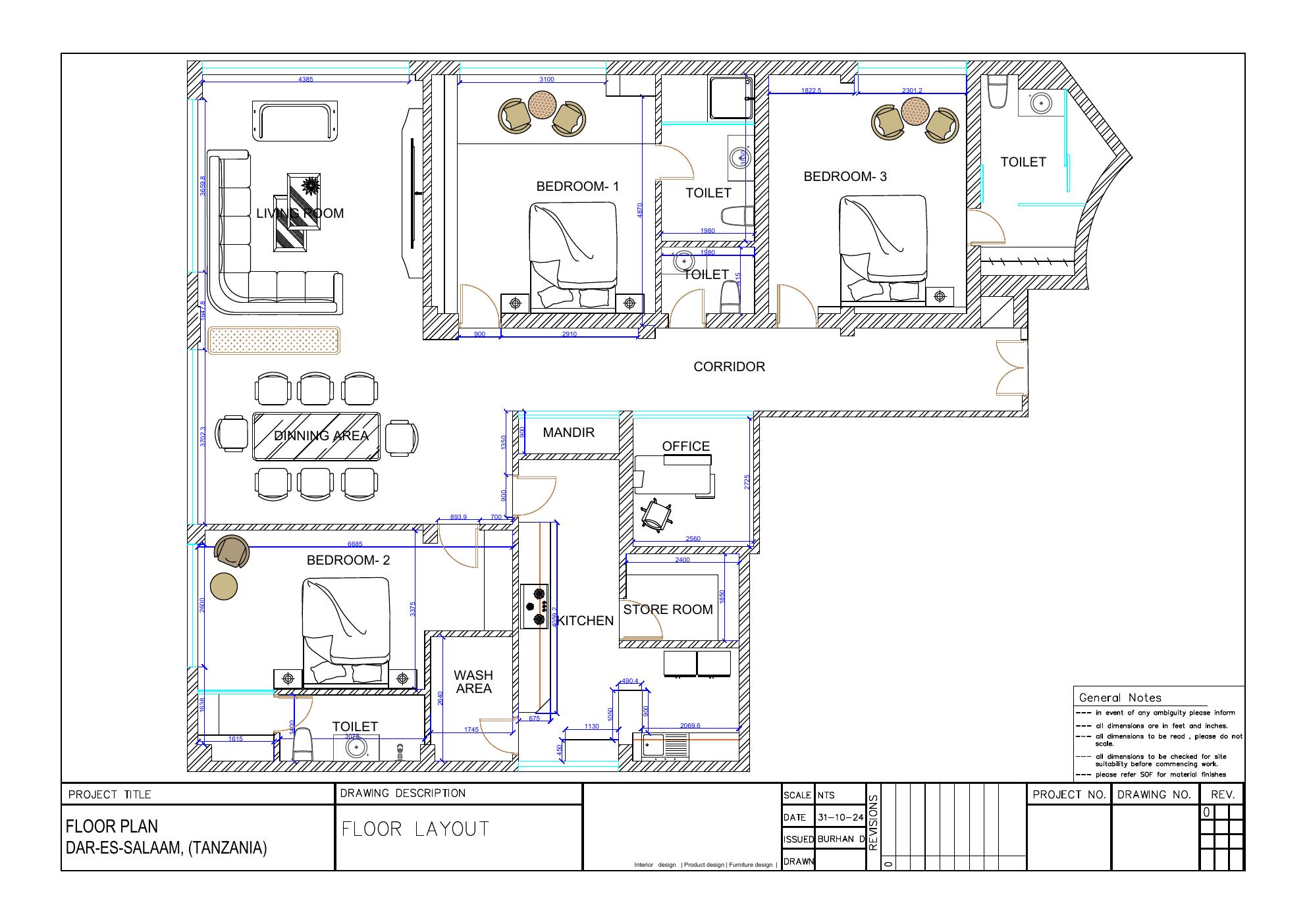 Dar es Salaam Residence — Dimensioned Layout interior design drawing sheet — plans and elevations for Private Residence — Dar es Salaam, Tanzania